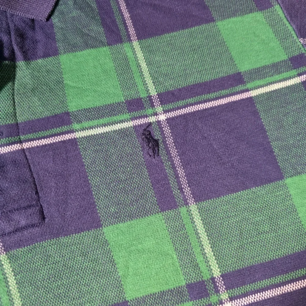 Polo Ralph Lauren Mens L Polo Shirt Green Navy Blue Plaid Short Sleeve Made USA